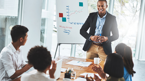 Employees looking over their pay-per-call campaign metrics